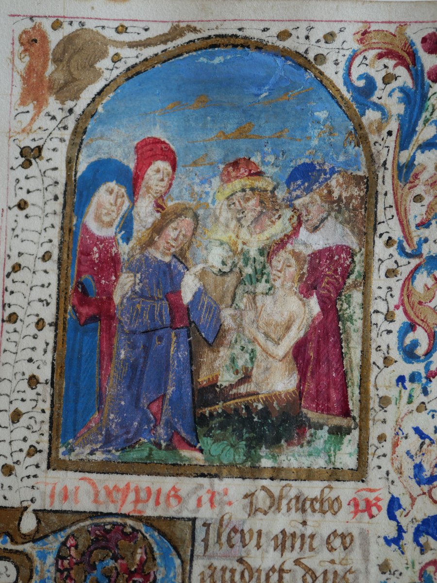 Gothic Illuminated Folio – The Raising Of Lazarus, Flemish Book Of Hours, C. 1480, Medieval-photo-2