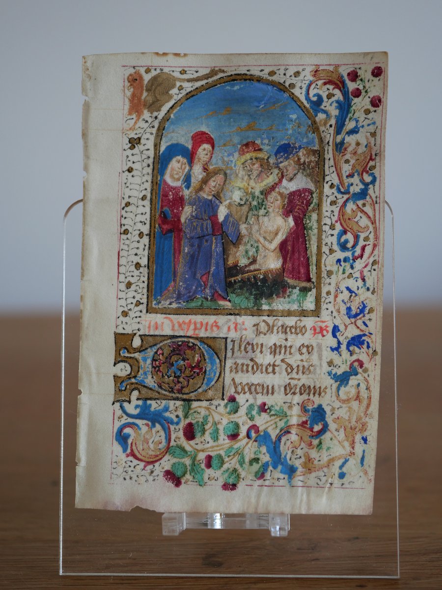 Gothic Illuminated Folio – The Raising Of Lazarus, Flemish Book Of Hours, C. 1480, Medieval