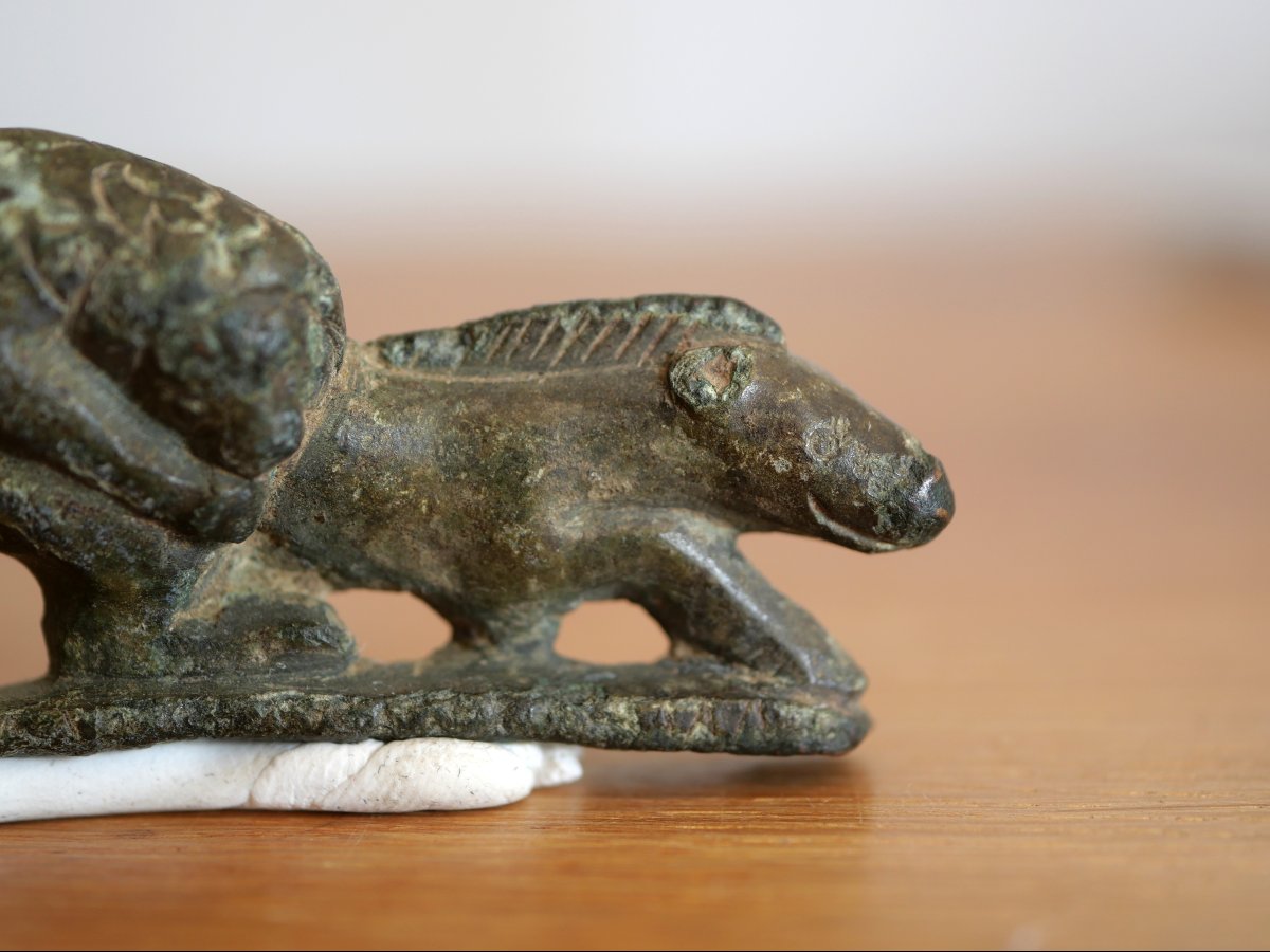 Manche de couteau romain en bronze – Lion attaquant un sanglier – Gaule romaine, archéologie-photo-4