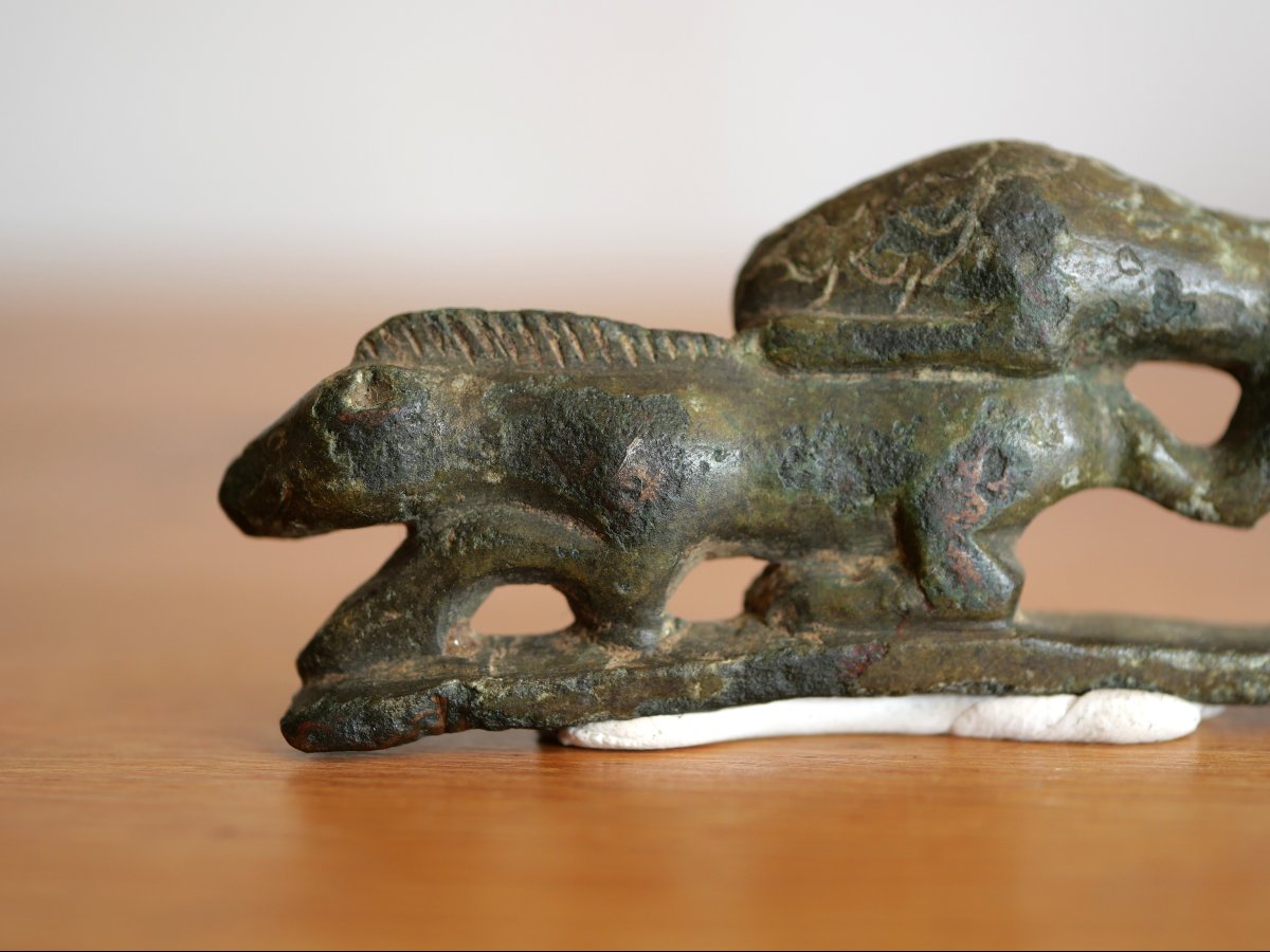 Manche de couteau romain en bronze – Lion attaquant un sanglier – Gaule romaine, archéologie-photo-2