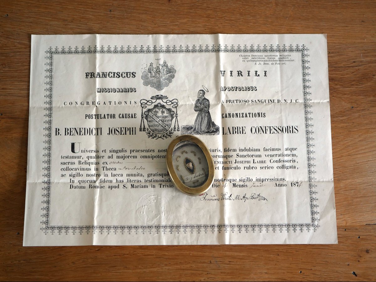 Reliquary Of Saint Benedict Joseph Labre – Relic With Original Roman Certificate From 1874. 