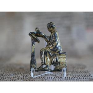 Applique médiévale moine copiste en bronze doré  – XIIe / XIIIe siècle, gothique, Moyen Age