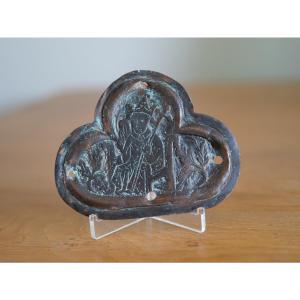 Plaque Croix De Procession Médiévale Cuivre Repoussé - Bishop In Majesty - XIVe-xve Siècle