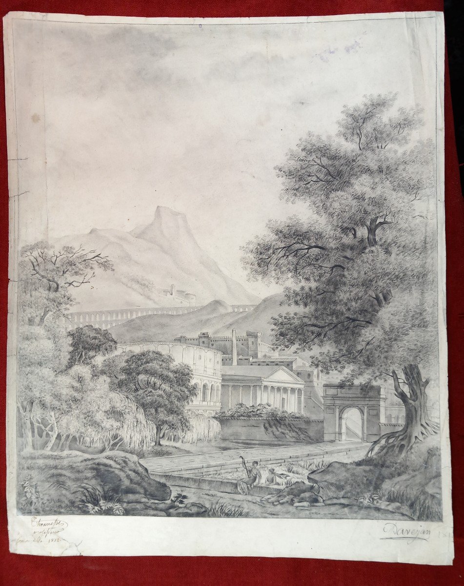 Pencil Drawing Architectural Caprice And Italian Landscape 1812 19th Century Student Military Academy  -photo-2