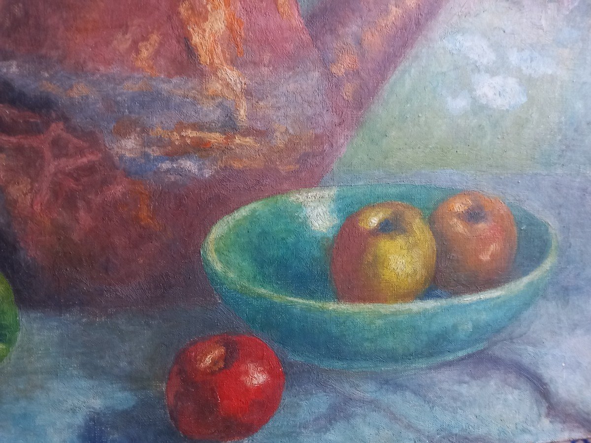Nature Morte "pommes Et Arrosoir En Cuivre" Charles Jean Renaud Albi Huile Ecole Tarnaise-photo-2