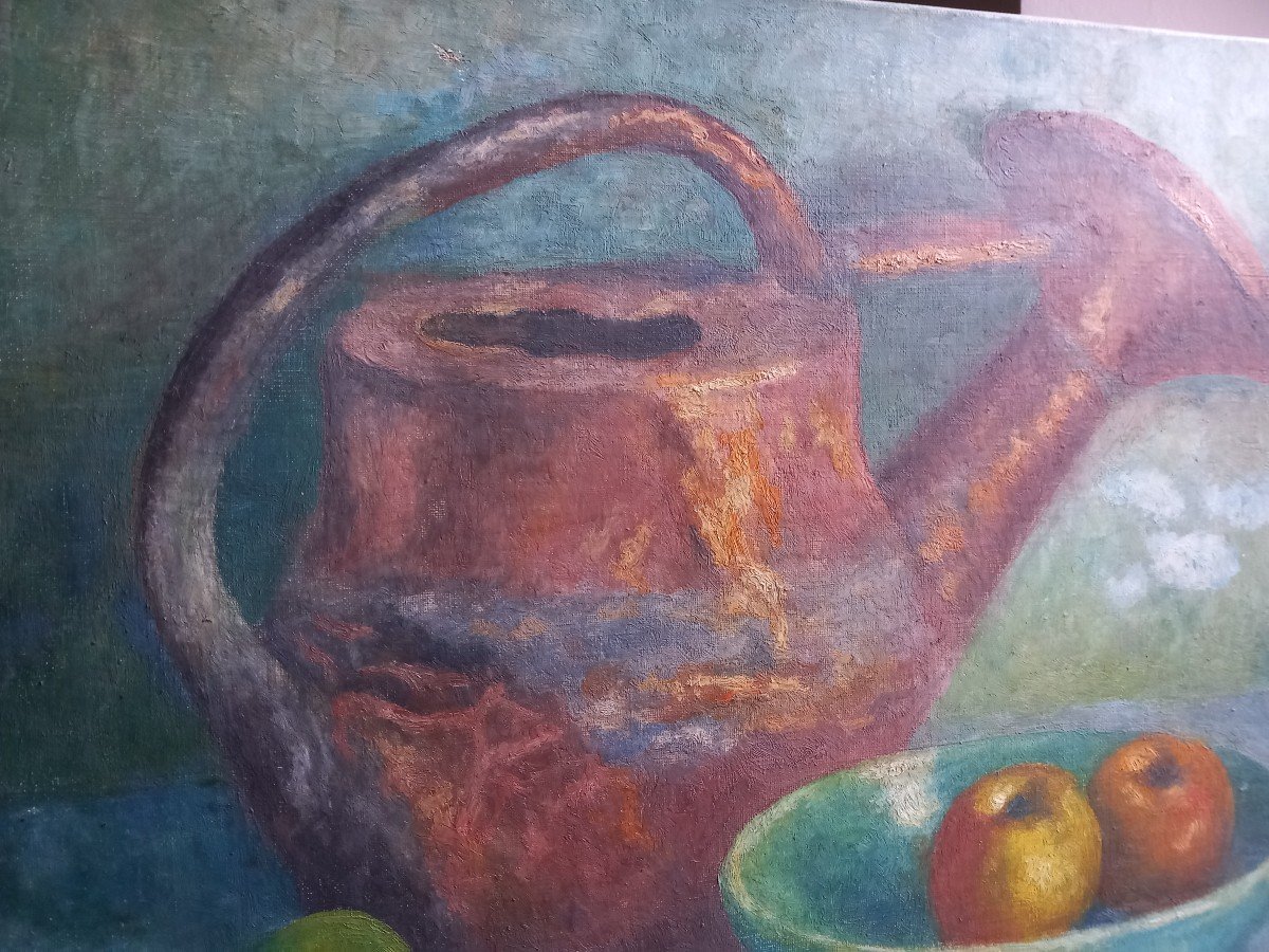 Nature Morte "pommes Et Arrosoir En Cuivre" Charles Jean Renaud Albi Huile Ecole Tarnaise-photo-3