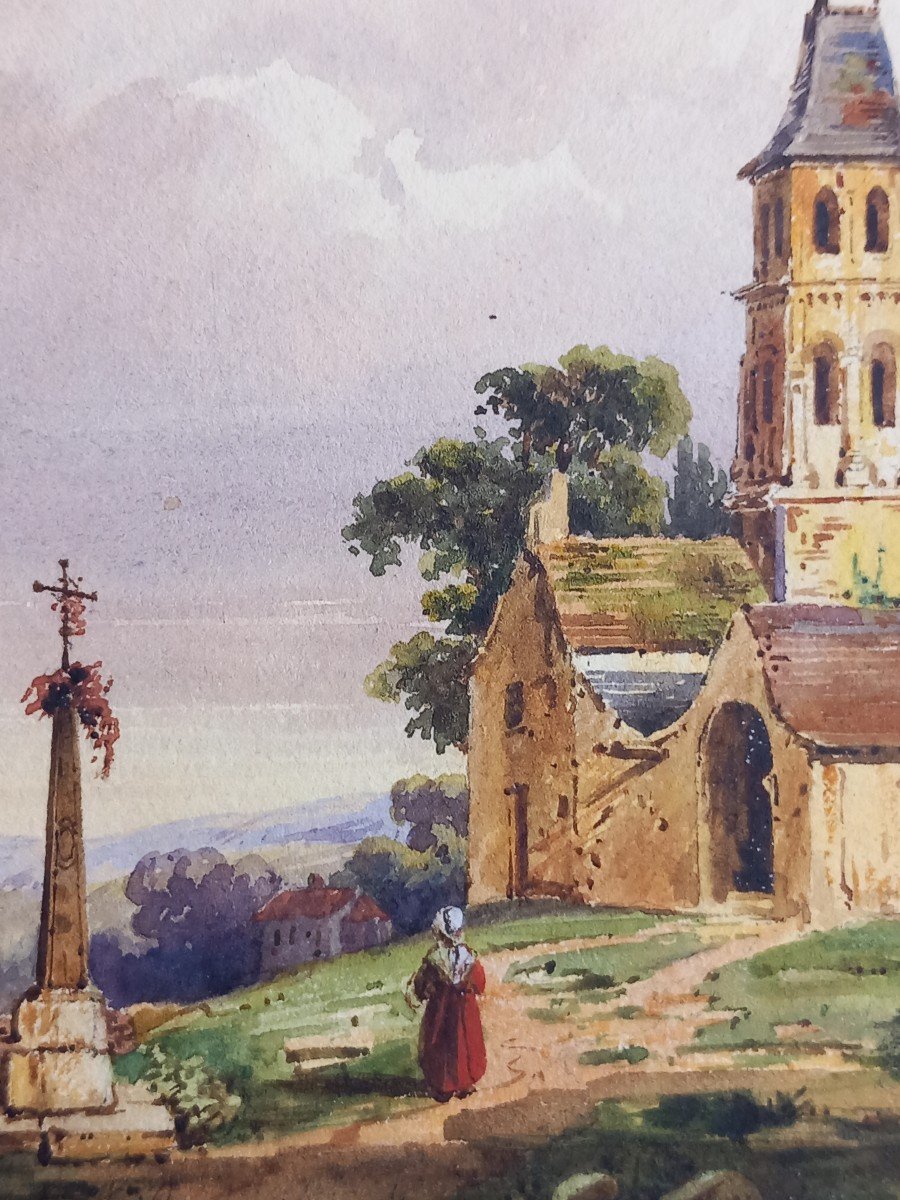 Laure Houssaye De Léoménil Dessin à l'Encre Et Au Lavis Eglise et Maisons Village Milieu XIXe 