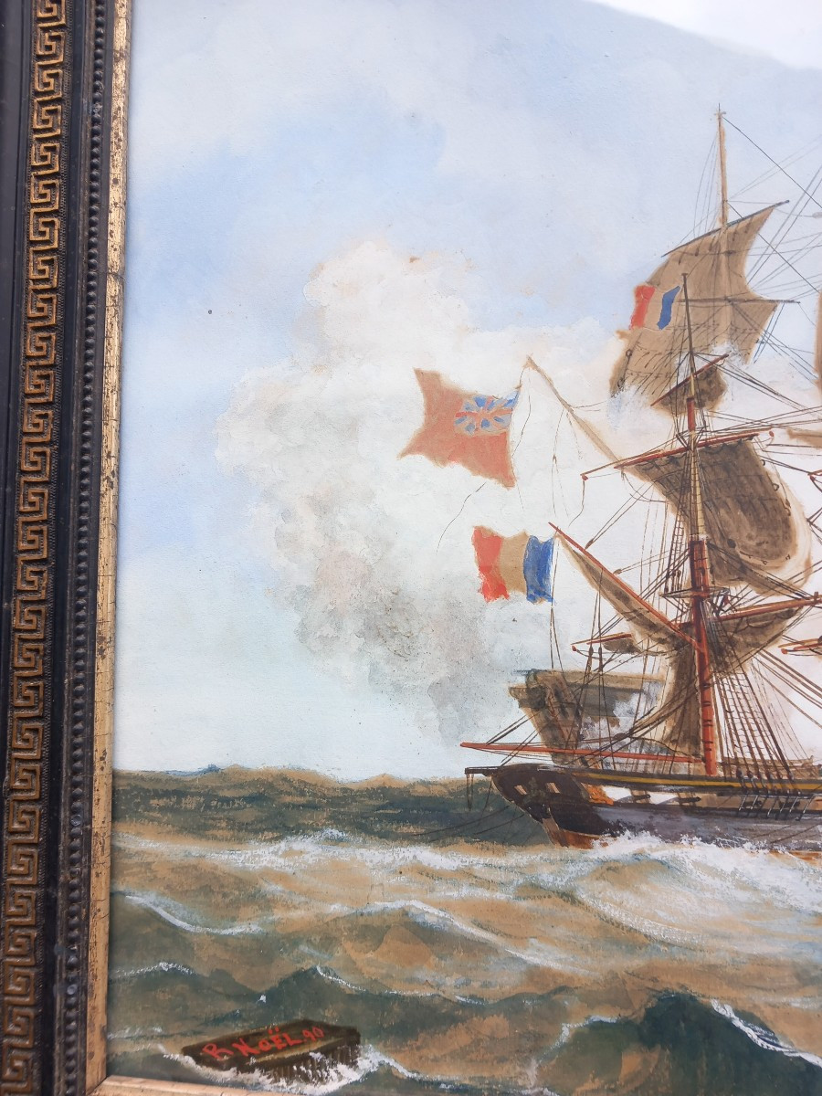 Naval Battle France England Gouache On Paper R.noël [18]90-photo-2