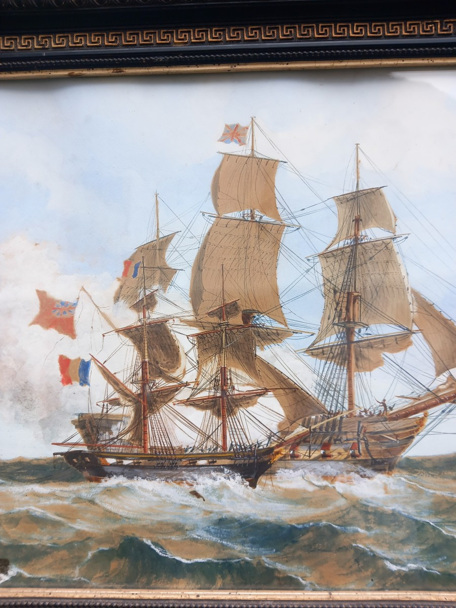Naval Battle France England Gouache On Paper R.noël [18]90-photo-3