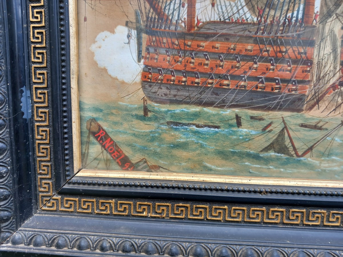 Battle Of Trafalgar Gouache On Paper Naval Battle Boats Bold Redoubtable R.noël -photo-2