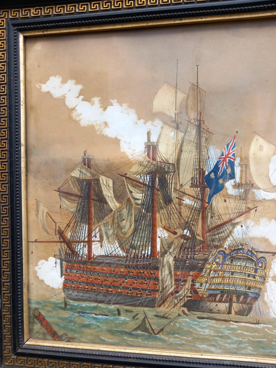 Battle Of Trafalgar Gouache On Paper Naval Battle Boats Bold Redoubtable R.noël -photo-3