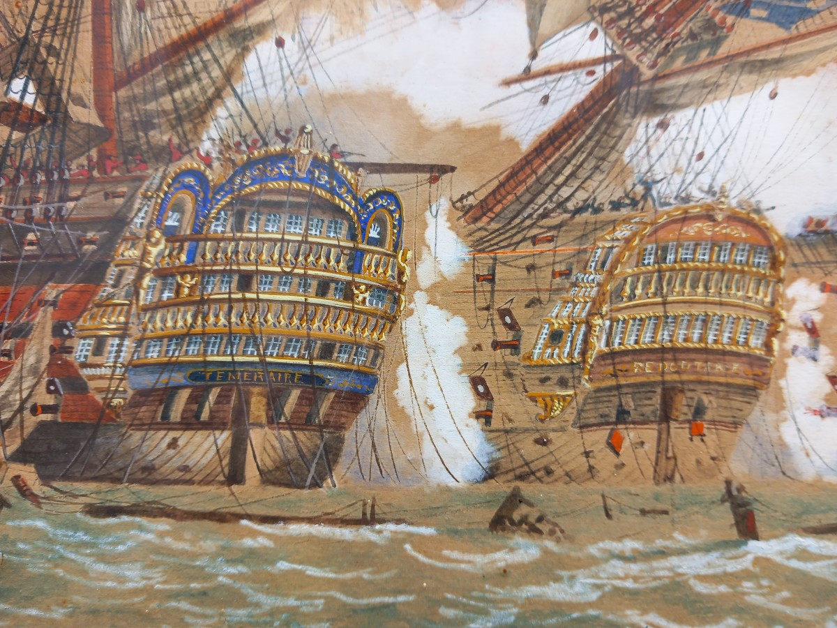 Battle Of Trafalgar Gouache On Paper Naval Battle Boats Bold Redoubtable R.noël -photo-2