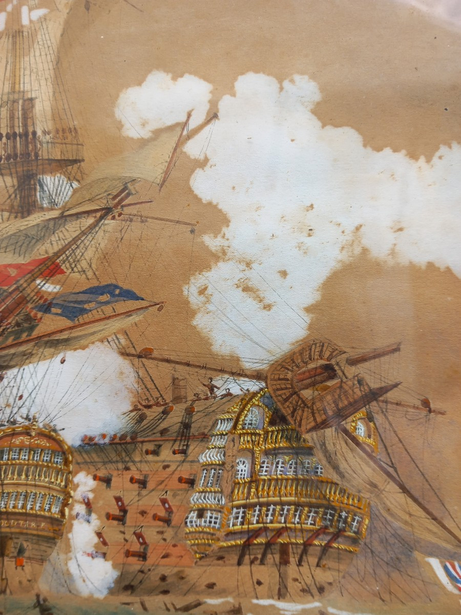 Battle Of Trafalgar Gouache On Paper Naval Battle Boats Bold Redoubtable R.noël -photo-3