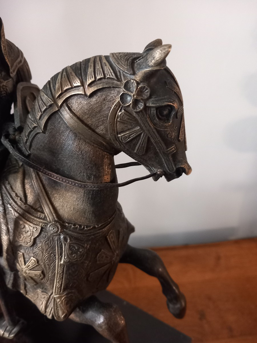 Statue Equestre Chevalier Armure Lance Cheval Cabre Bronze XIXe Siecle Troubadour Renaissance-photo-7