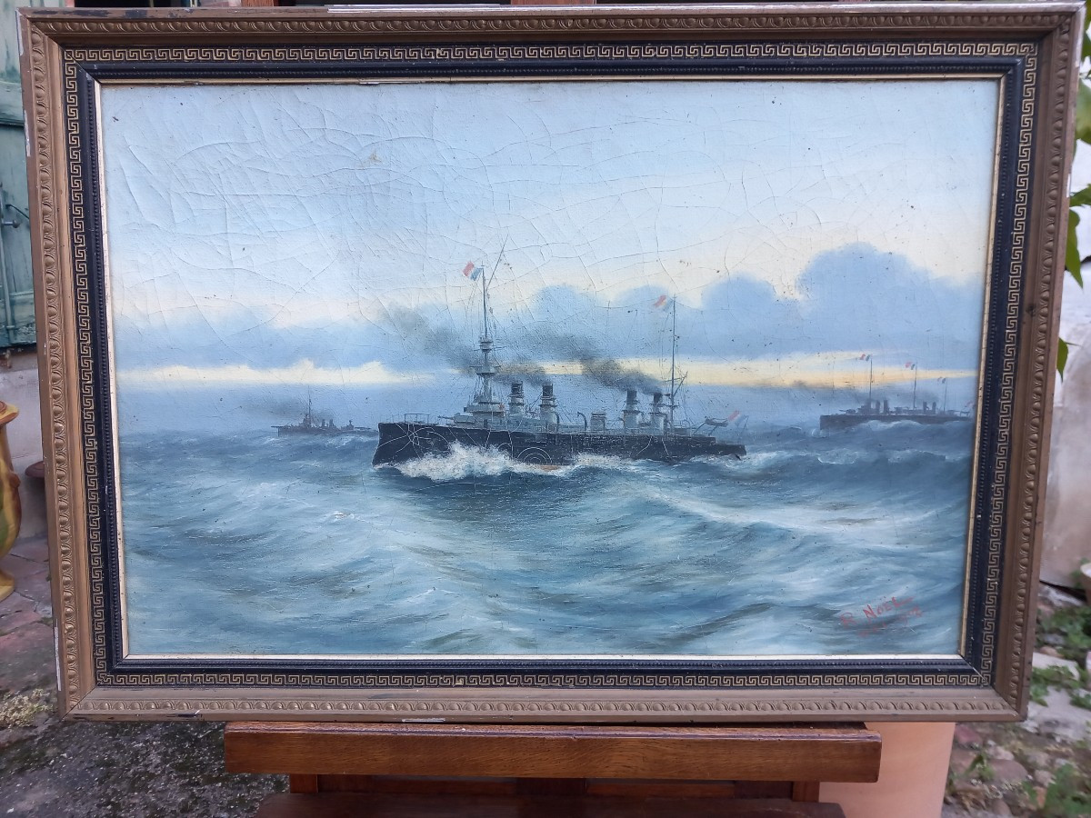 R.noël 1902 "le Croiseur Cuirassé Montcalm" De Classe Gueydon  En 1902 Huile Sur Toile -photo-2