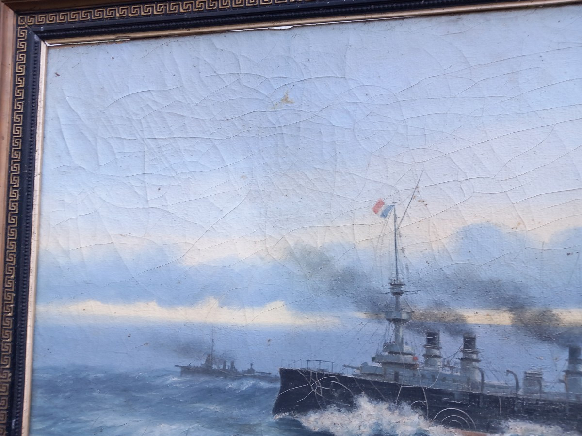 R.noël 1902 "le Croiseur Cuirassé Montcalm" De Classe Gueydon  En 1902 Huile Sur Toile -photo-1