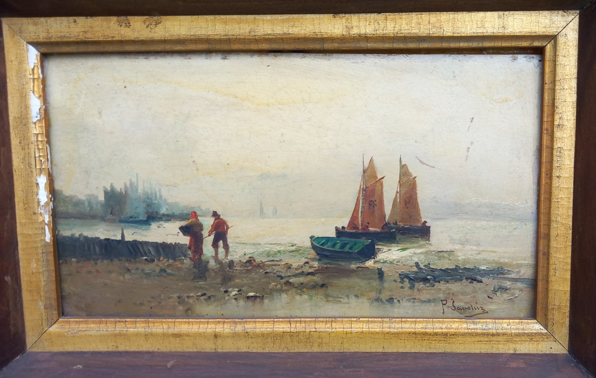 Ecole Espagnole Catalogne P.Sanchiz Huile Sur Panneau Les Pêcheurs -photo-2