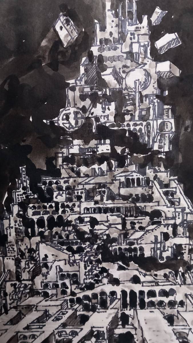 "la Tour De Babel" Fabien Castaing Toulouse XXe Eutopie Architecturale Encre Et Lavis 