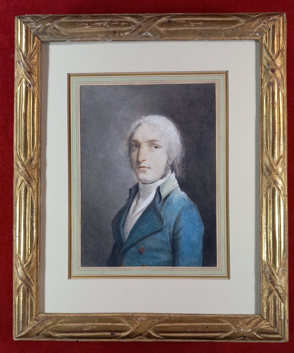 Portrait De Jeune Homme à La Redingote Bleu Fin XVIIIe Siècle Technique Mixte Sur Papier -photo-4