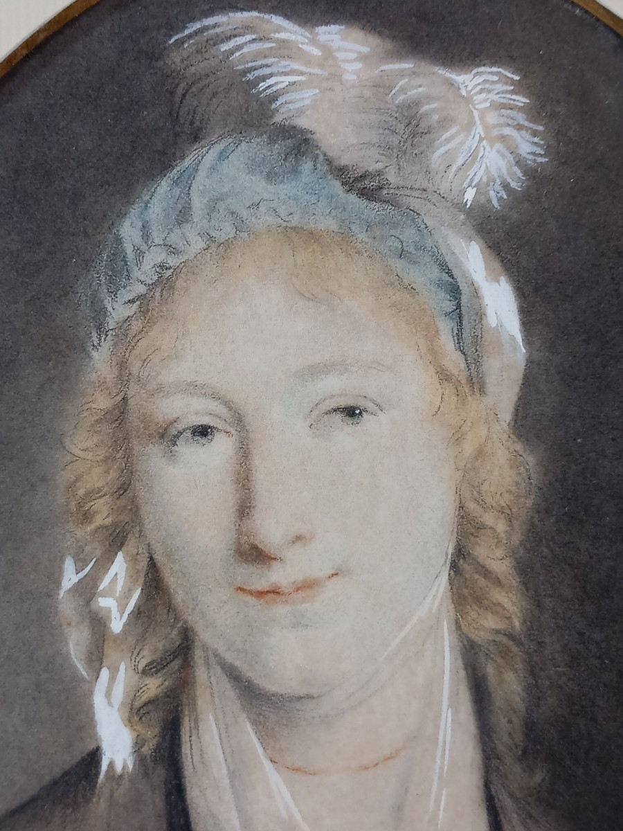 Portrait De Jeune Fille à La Coiffe à Plumes Fin XVIIIe Siècle Technique Mixte Sur Papier-photo-3