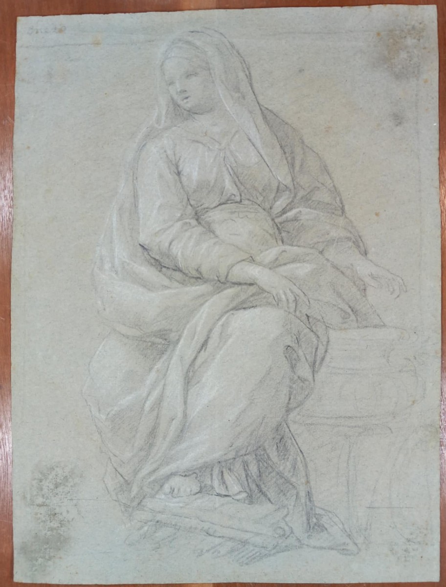Dessin XVIIIe Ecole Espagnole Vierge Madonne Papier Vergé 