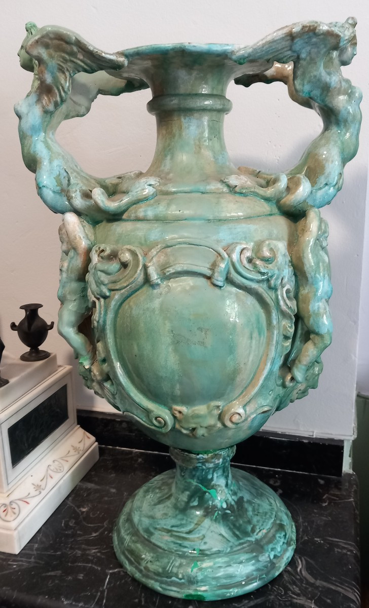 Pair Of Italian Renaissance Style Green Terracotta Vases With Women And Putti -photo-4