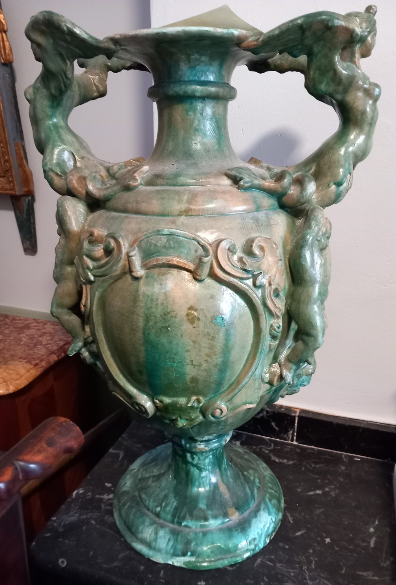 Pair Of Italian Renaissance Style Green Terracotta Vases With Women And Putti -photo-3