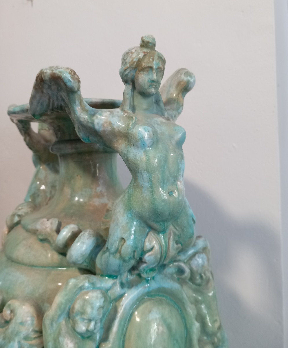 Pair Of Italian Renaissance Style Green Terracotta Vases With Women And Putti -photo-4