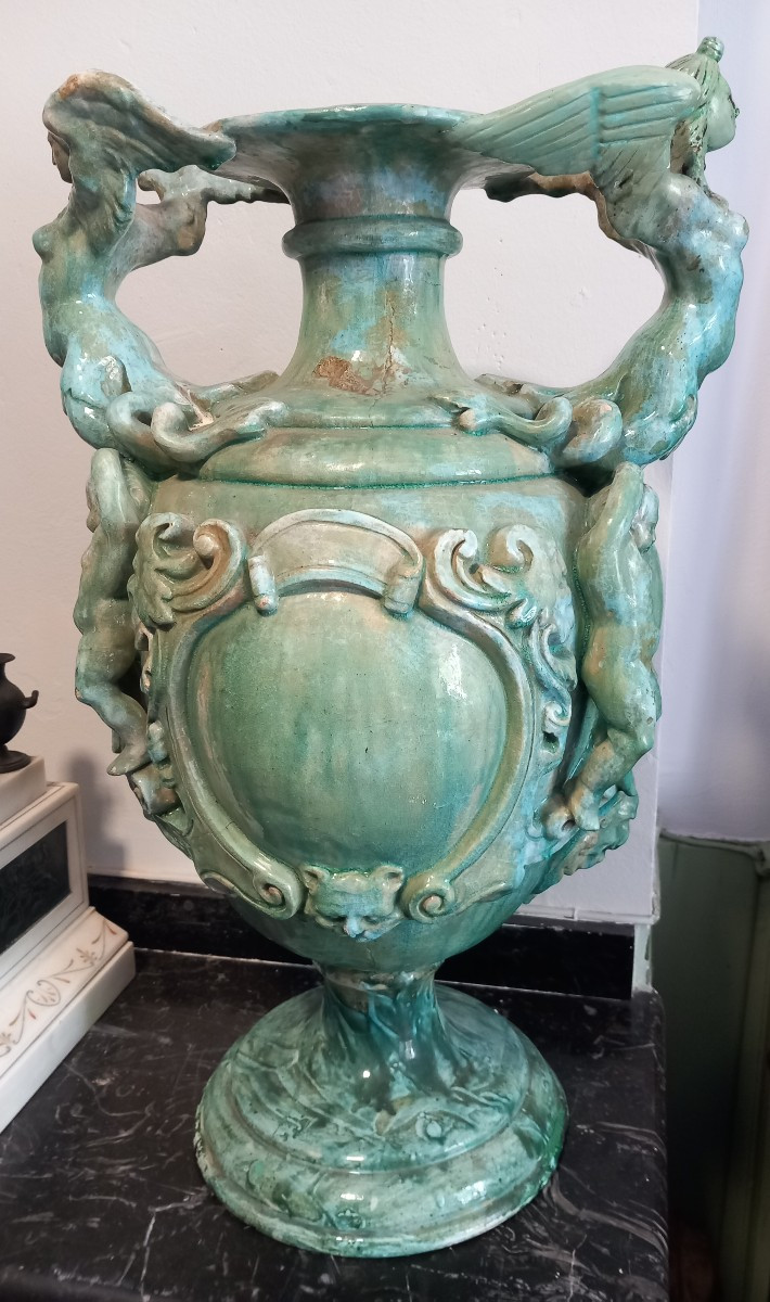 Pair Of Italian Renaissance Style Green Terracotta Vases With Women And Putti 