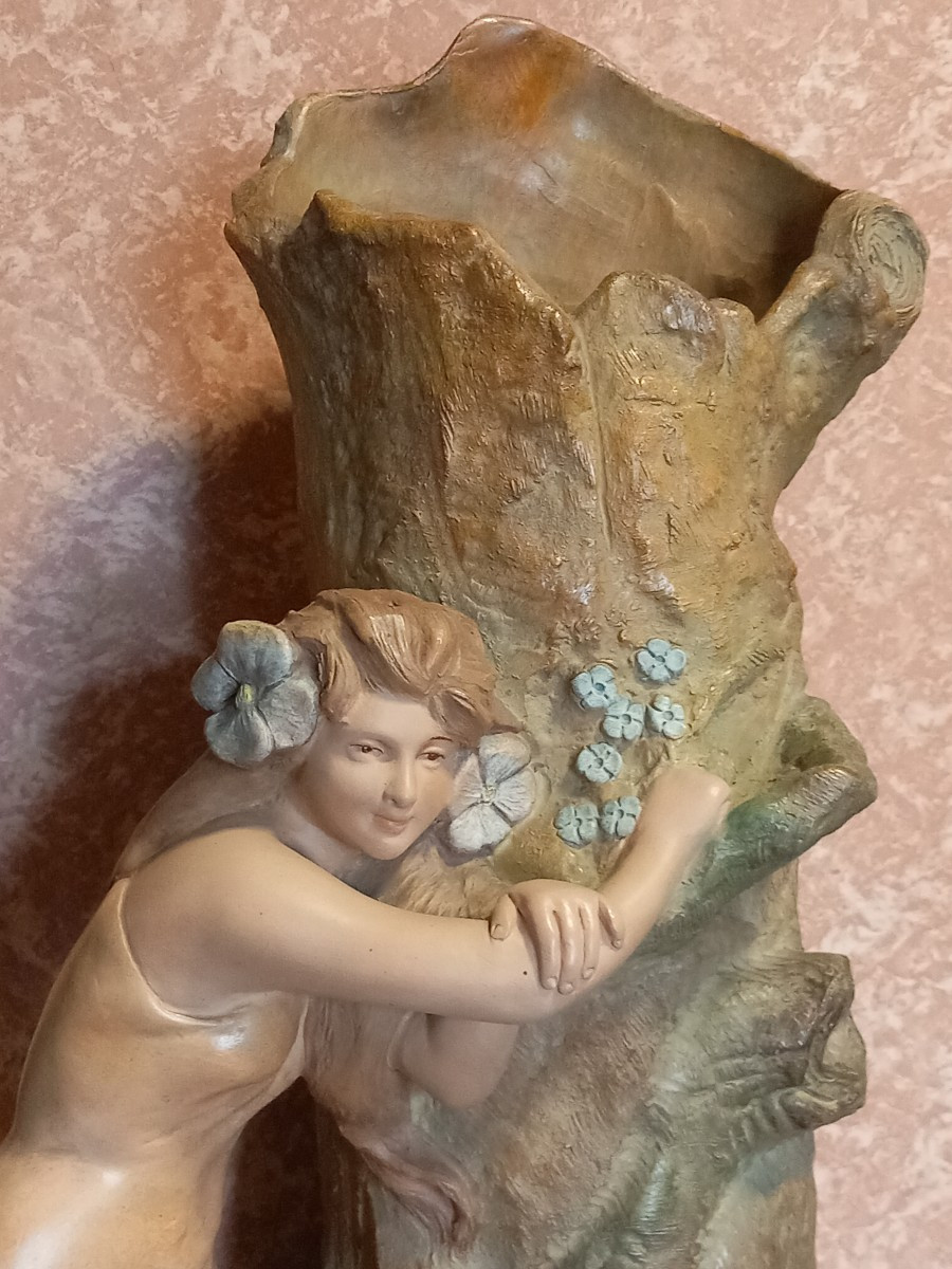 Pierre Etienne Campagne Painted Terracotta Sculpture Of A Young Girl Leaning On A Tree -photo-2