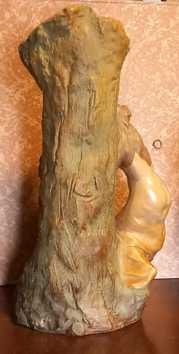 Pierre Etienne Campagne Painted Terracotta Sculpture Of A Young Girl Leaning On A Tree -photo-2