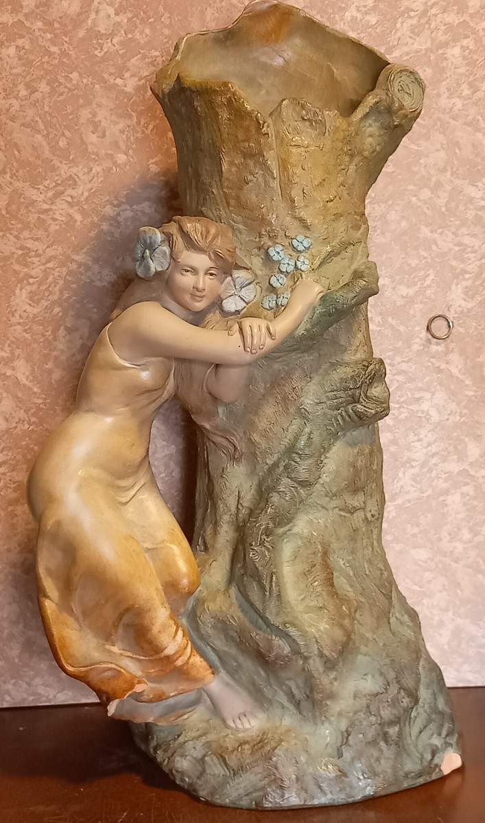 Pierre Etienne Campagne Painted Terracotta Sculpture Of A Young Girl Leaning On A Tree 