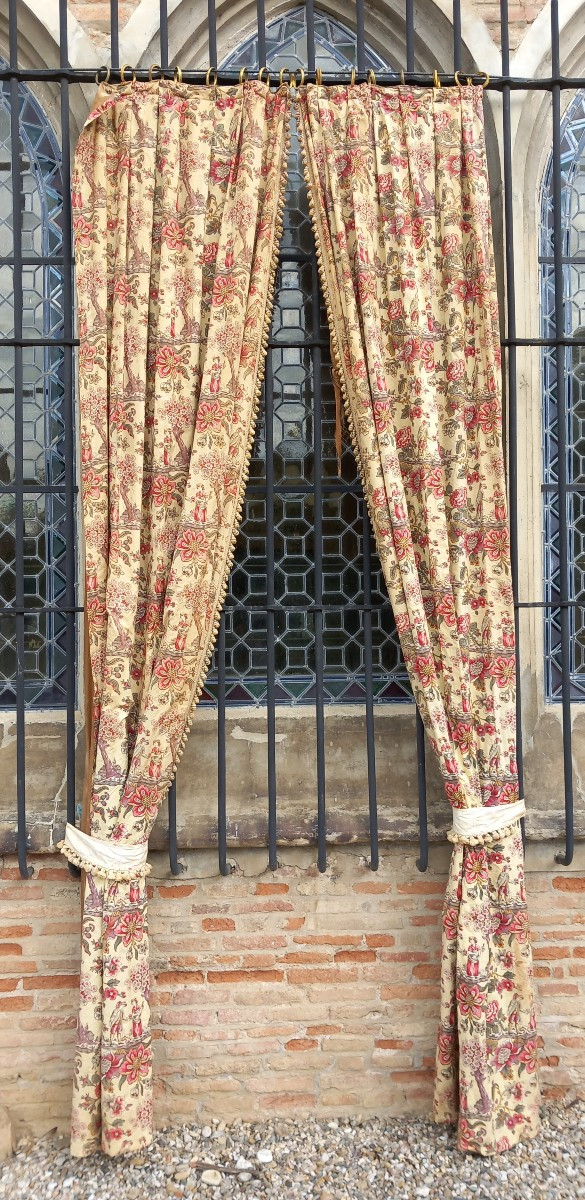 Double Paire Rideaux Chateau Coton Goût Toile De Jouy Indienne Grande Taille XIXe Siècle -photo-3