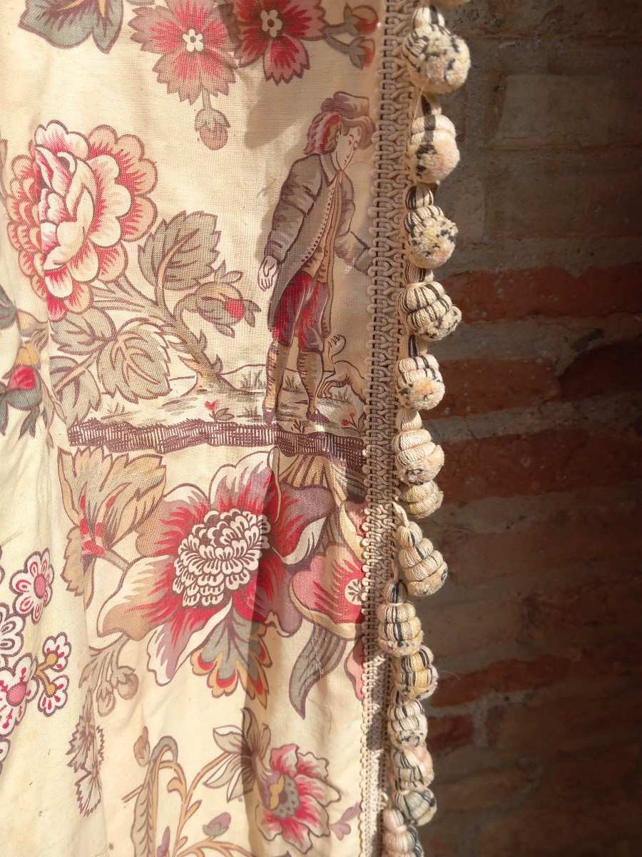 Double Paire Rideaux Chateau Coton Goût Toile De Jouy Indienne Grande Taille XIXe Siècle -photo-1