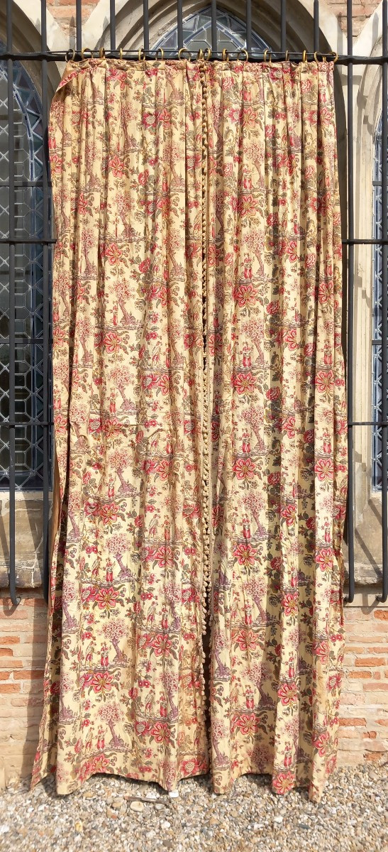 Double Paire Rideaux Chateau Coton Goût Toile De Jouy Indienne Grande Taille XIXe Siècle -photo-2
