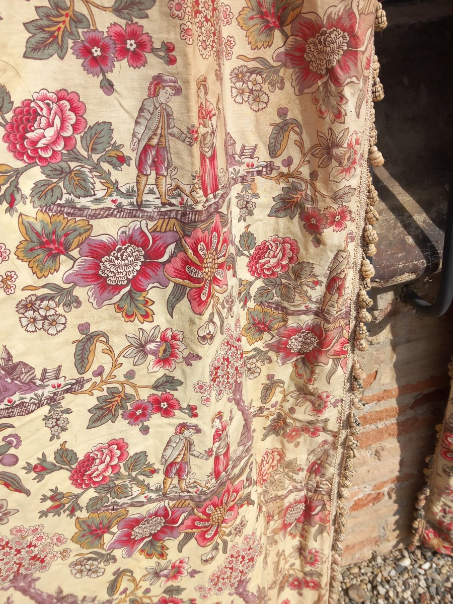 Double Paire Rideaux Chateau Coton Goût Toile De Jouy Indienne Grande Taille XIXe Siècle -photo-5