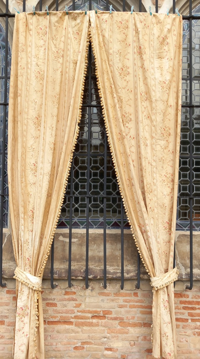 Double Paire Rideaux Et Portière Chateau Coton Goût Toile De Jouy Indienne Grande Taille XIXe -photo-2