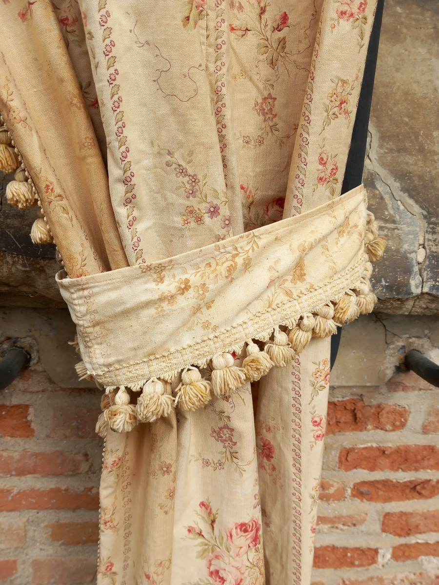 Double Paire Rideaux Et Portière Chateau Coton Goût Toile De Jouy Indienne Grande Taille XIXe -photo-3