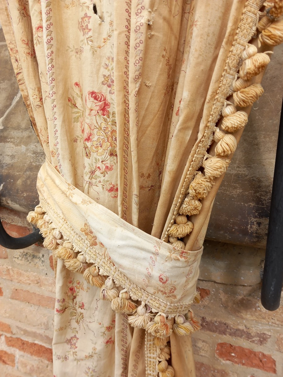Double Paire Rideaux Et Portière Chateau Coton Goût Toile De Jouy Indienne Grande Taille XIXe -photo-1