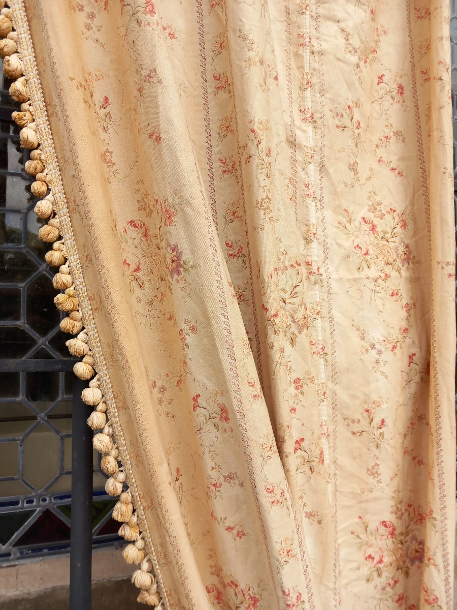 Double Paire Rideaux Et Portière Chateau Coton Goût Toile De Jouy Indienne Grande Taille XIXe -photo-2