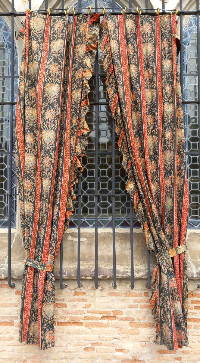Double Paire Rideaux Et Portière Chateau Coton Goût Toile De Jouy Indienne Grande Taille XIXe -photo-2