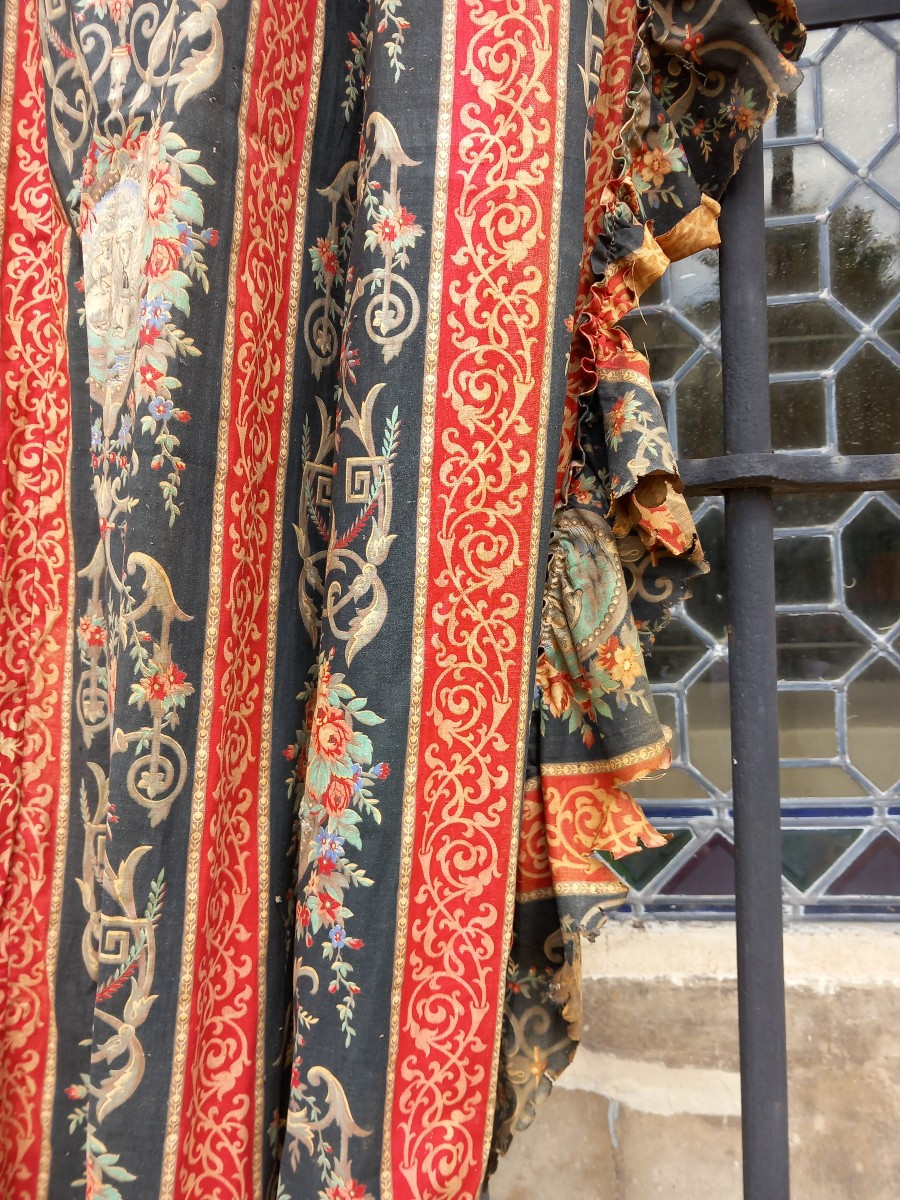 Double Paire Rideaux Et Portière Chateau Coton Goût Toile De Jouy Indienne Grande Taille XIXe -photo-3