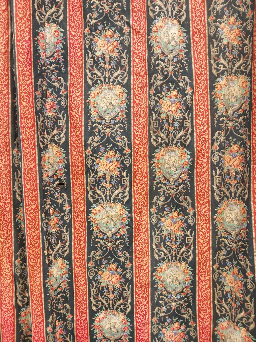 Double Paire Rideaux Et Portière Chateau Coton Goût Toile De Jouy Indienne Grande Taille XIXe 