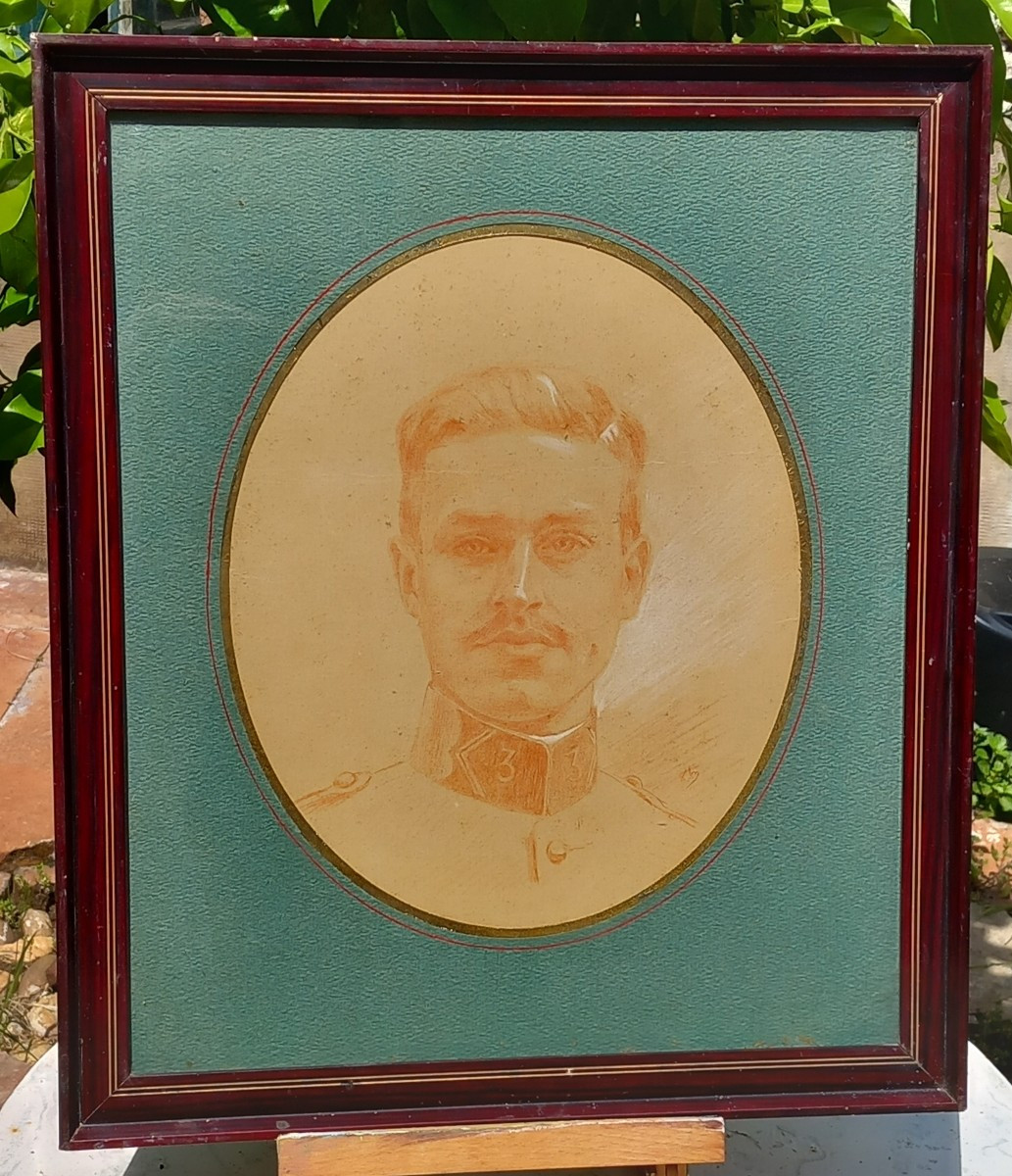 Portrait d'un Officier 3e Régiment vers 1900 Signature à Déchiffrer Sanguine et Pierre Blanche-photo-2