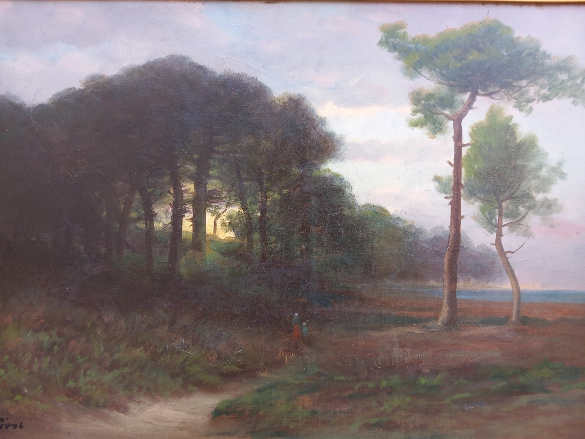 Lefèvre (19th Century) Mediterranean Landscape At Sunset. Oil On Canvas -photo-2