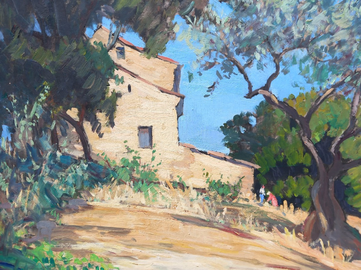 Tarn School Marie-anne Ichanson "house In The Trees" In The Tarn Oil On Cardboard 20th Century 