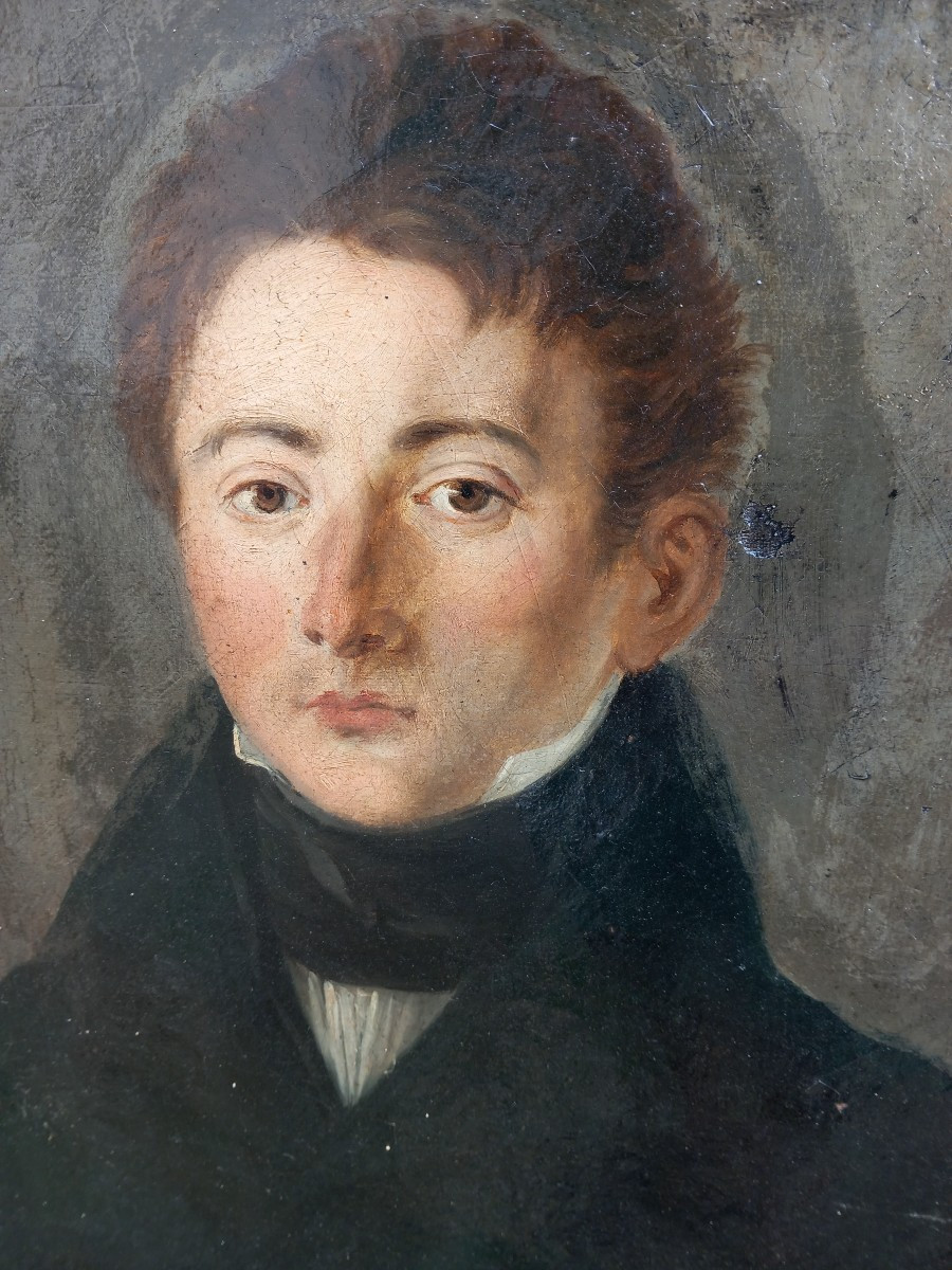 Portrait de Jeune Homme En Costume et Cravate Noire Epoque Restauration Debut du XIXe Siècle-photo-2