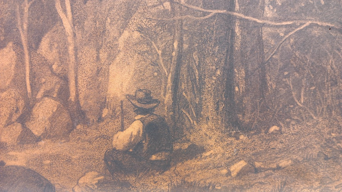 Paul François Quinsac (1858-1929) Drawing On Paper "undergrowth And Shepherd" -photo-2