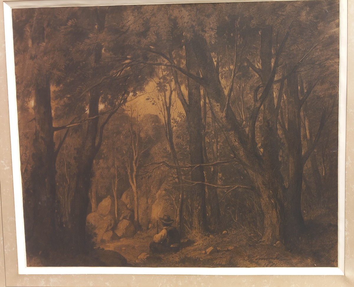Paul François Quinsac (1858-1929) Drawing On Paper "undergrowth And Shepherd" -photo-4