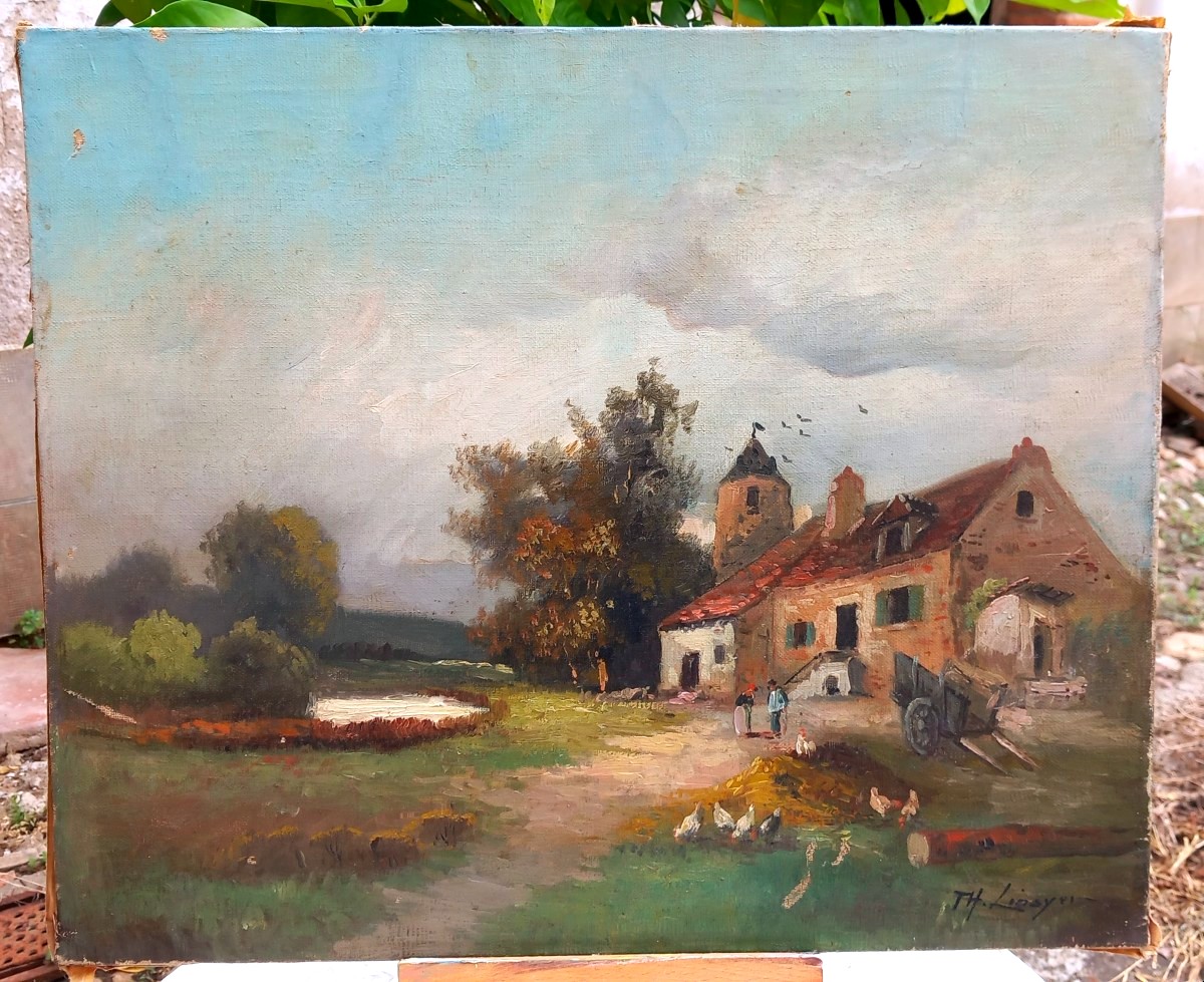 Théodore Linsyer Countryside Landscape Farmyard Farmyard Hens Rooster Ducks Oil Canvas 19th Century-photo-2